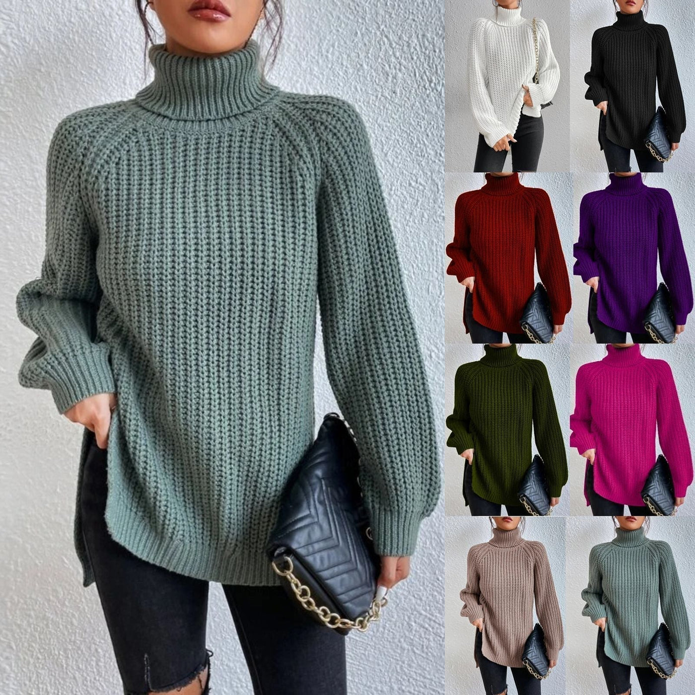 Rollkragenpullover aus Baumwolle mit Raglanärmeln und geteiltem Saum