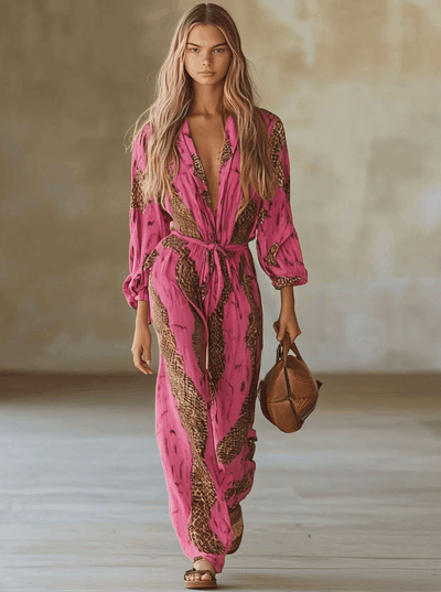 Rosaroter™| Leoparden-Chiffon-Jumpsuit