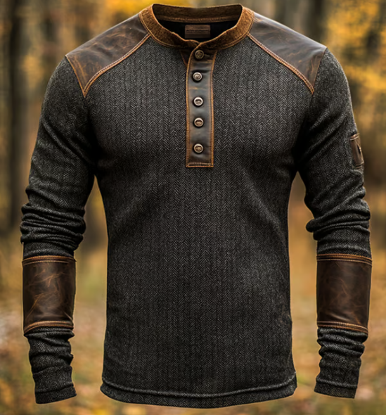 Henry™| Vintage Henley-Pullover mit Lederbesatz
