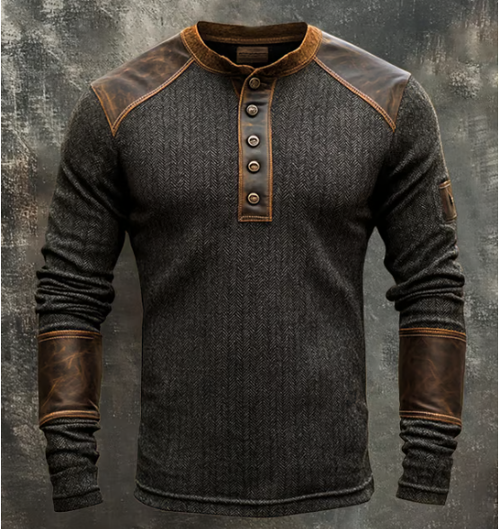 Henry™| Vintage Henley-Pullover mit Lederbesatz