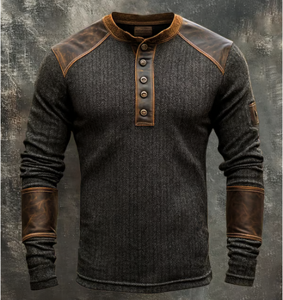 Henry™| Vintage Henley-Pullover mit Lederbesatz
