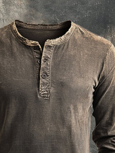 Herren-Langarm-T-Shirt mit Vintage-Fransen und Henry-Kragen