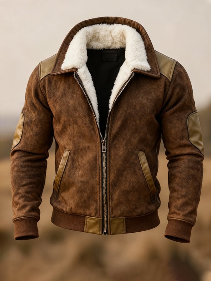 Herren Vintage Warme Wildleder Nähte Pelz Revers Westernjacke