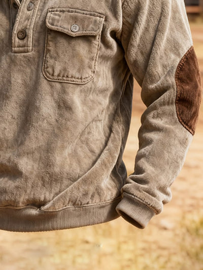 Herren-Sweatshirt mit Retro-Nähten und kontrastfarbenem Henley-Kragen, langen Ärmeln