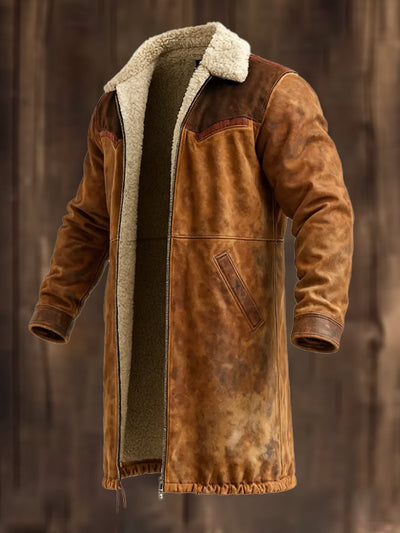 Langer Vintage-Mantel aus Wildleder und Lammfell im Used-Look für Herren