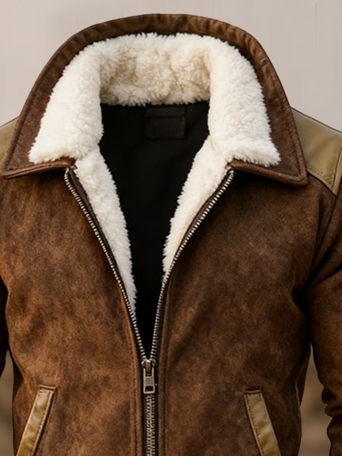Herren Vintage Warme Wildleder Nähte Pelz Revers Westernjacke