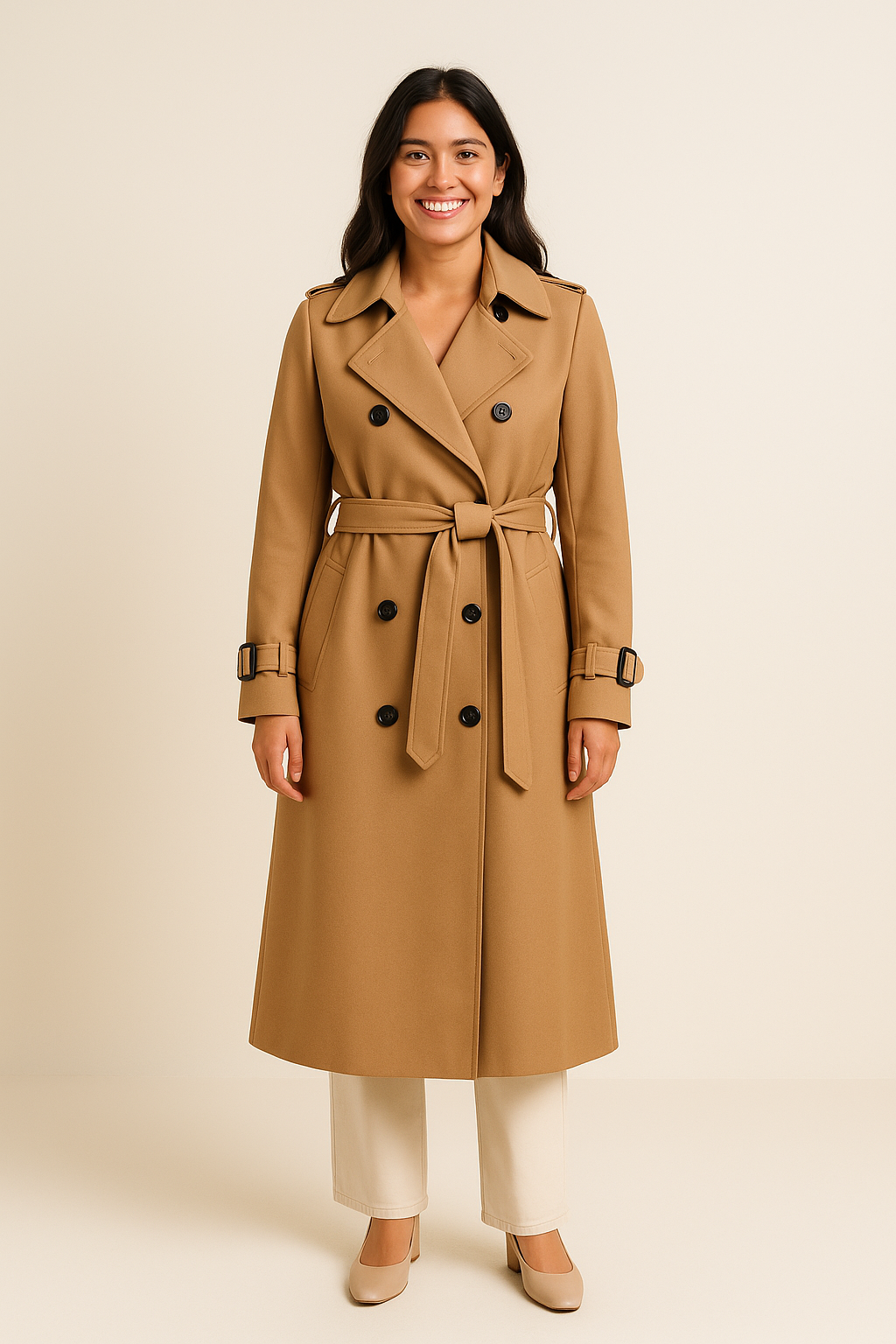 HERBERGER | Eleganter Damen Trenchcoat lang mit Bindegürtel und Knopfleiste