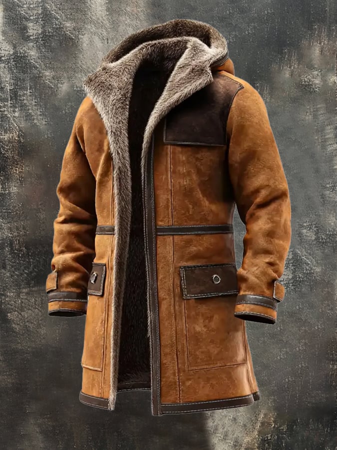 Langer Vintage-Mantel aus Wildleder und Lammfell im Used-Look für Herren