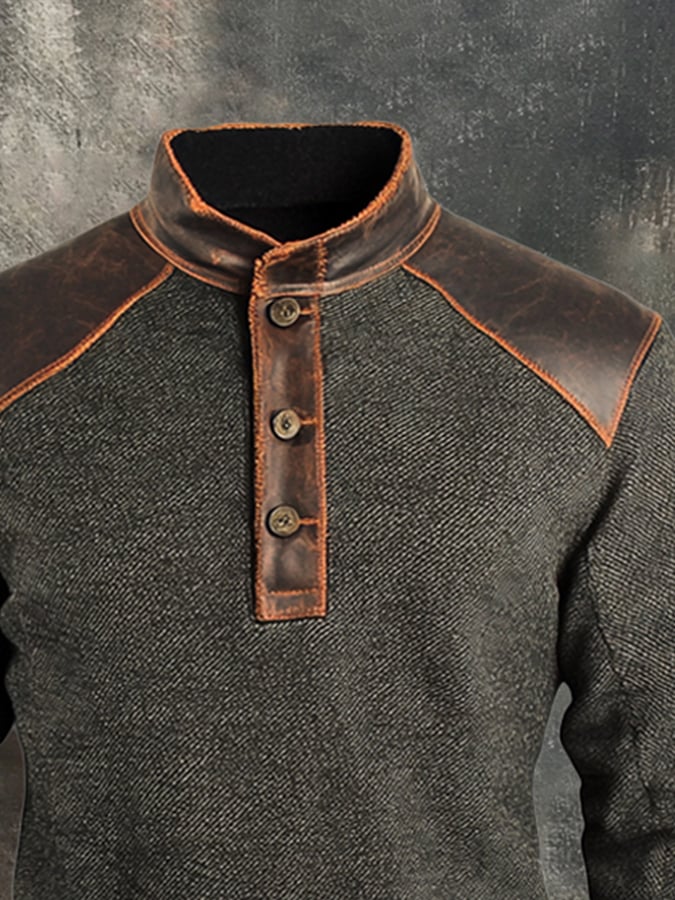 Herren-Sweatshirt mit Retro-Nähten und kontrastfarbenem Henley-Kragen, langen Ärmeln