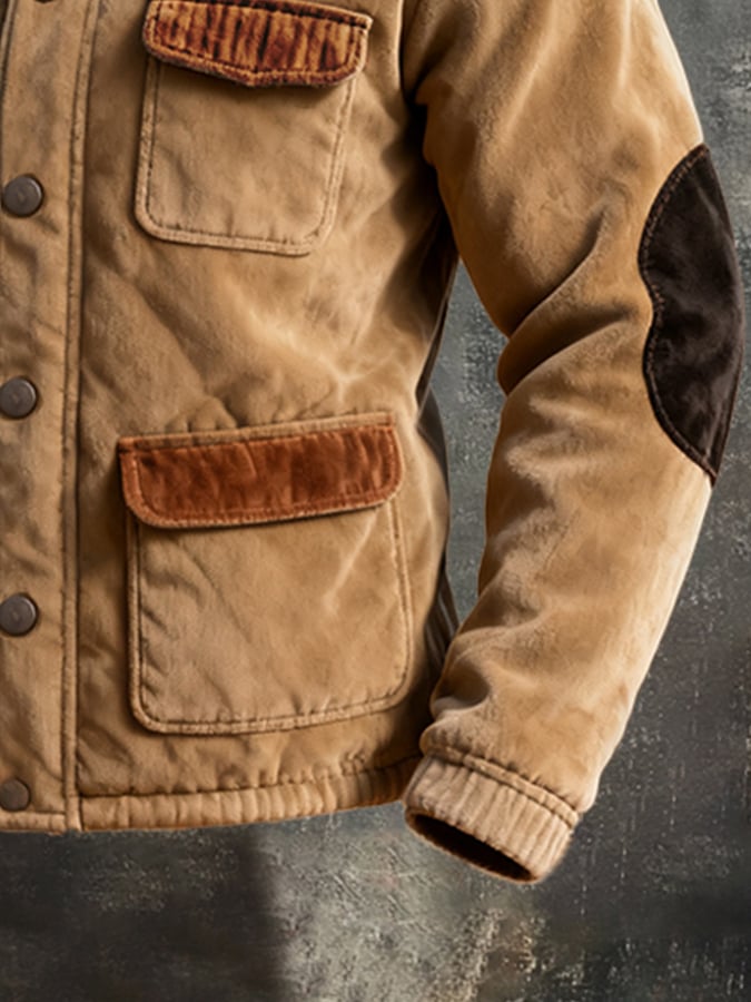 Herren Freizeitjacke mit Retro-Nähten und Kontrastfarbe und mehreren Taschen, Stehkragen