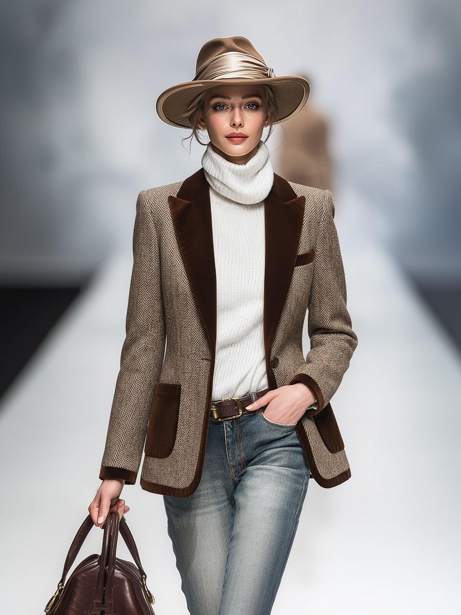 Retro Brauner Fischgrät Wildleder-Blazer™