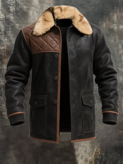 Herren Vintage Warme Wildleder Nähte Pelz Revers Westernjacke