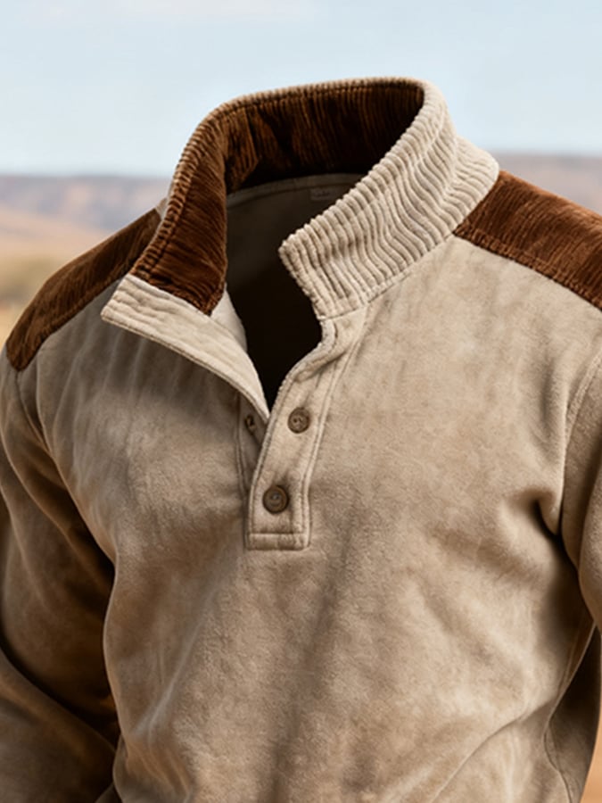 Herren-Sweatshirt mit Retro-Nähten und kontrastfarbenem Henley-Kragen, langen Ärmeln