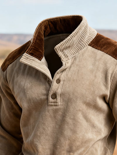 Herren-Sweatshirt mit Retro-Nähten und kontrastfarbenem Henley-Kragen, langen Ärmeln