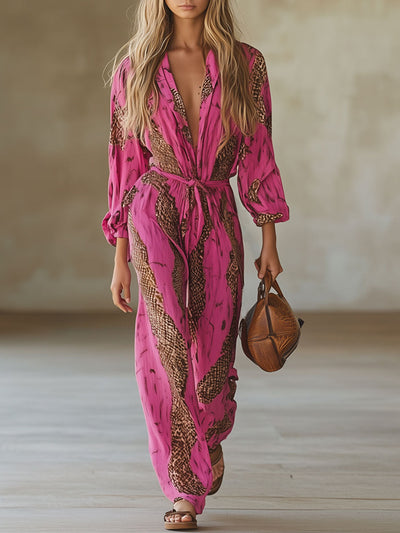Rosaroter™| Leoparden-Chiffon-Jumpsuit
