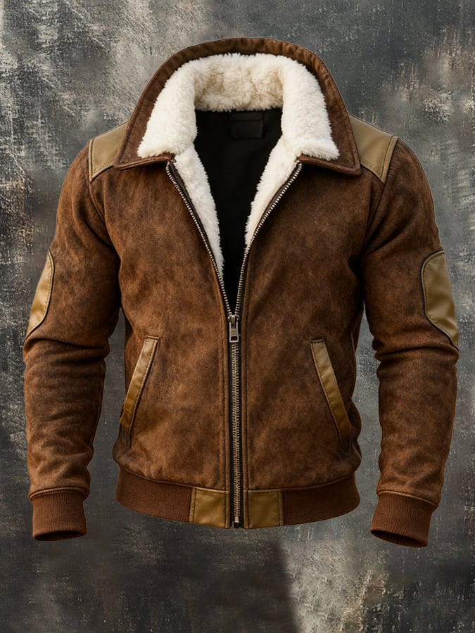 Herren Vintage Warme Wildleder Nähte Pelz Revers Westernjacke