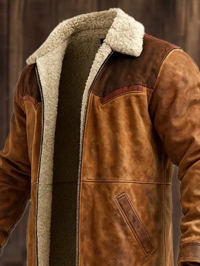 Langer Vintage-Mantel aus Wildleder und Lammfell im Used-Look für Herren