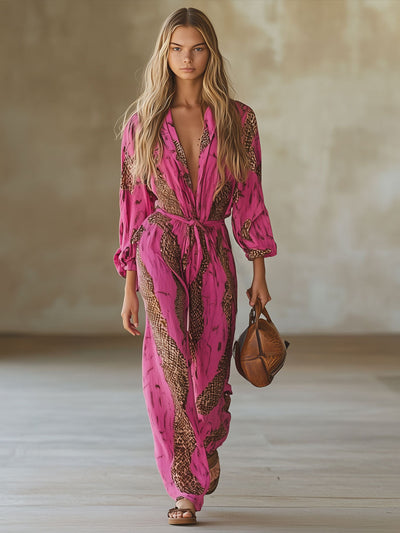 Rosaroter™| Leoparden-Chiffon-Jumpsuit