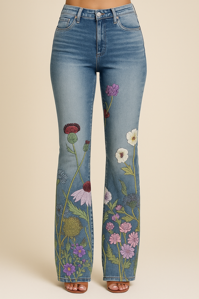 HERBERGER | Damen Jeans mit Blumenmuster und hohem Bund für Arbeit & Freizeit