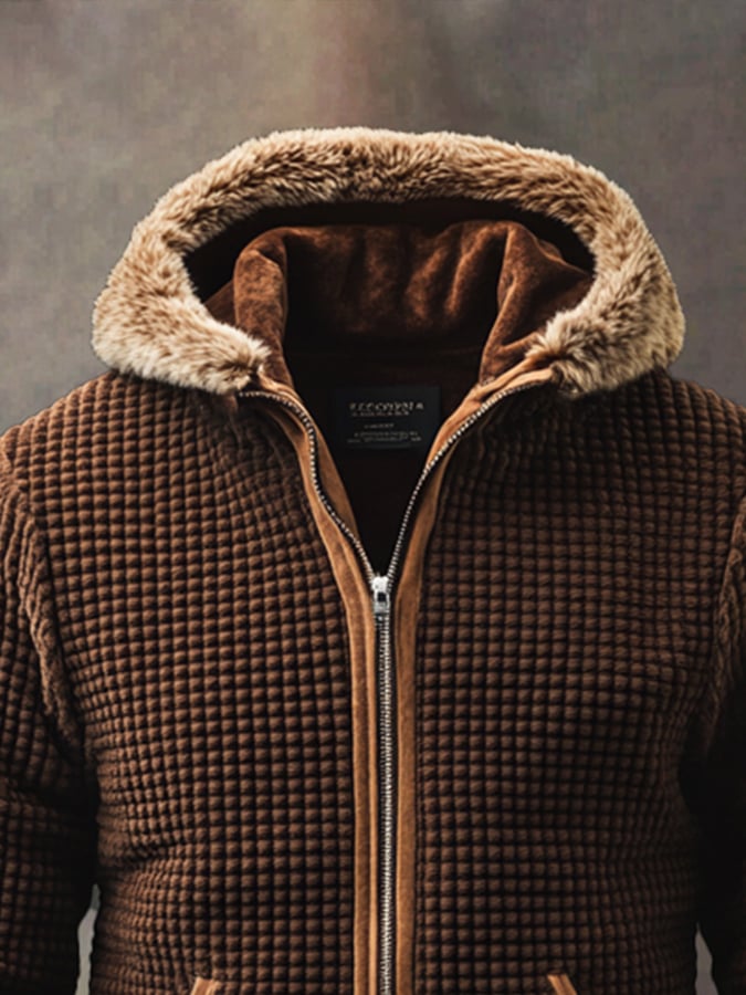 Herren Retro Waffel Patchwork Plüsch Kapuzenjacke