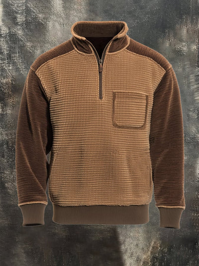 Herren-Sweatshirt mit Retro-Nähten und kontrastfarbenem Henley-Kragen, langen Ärmeln