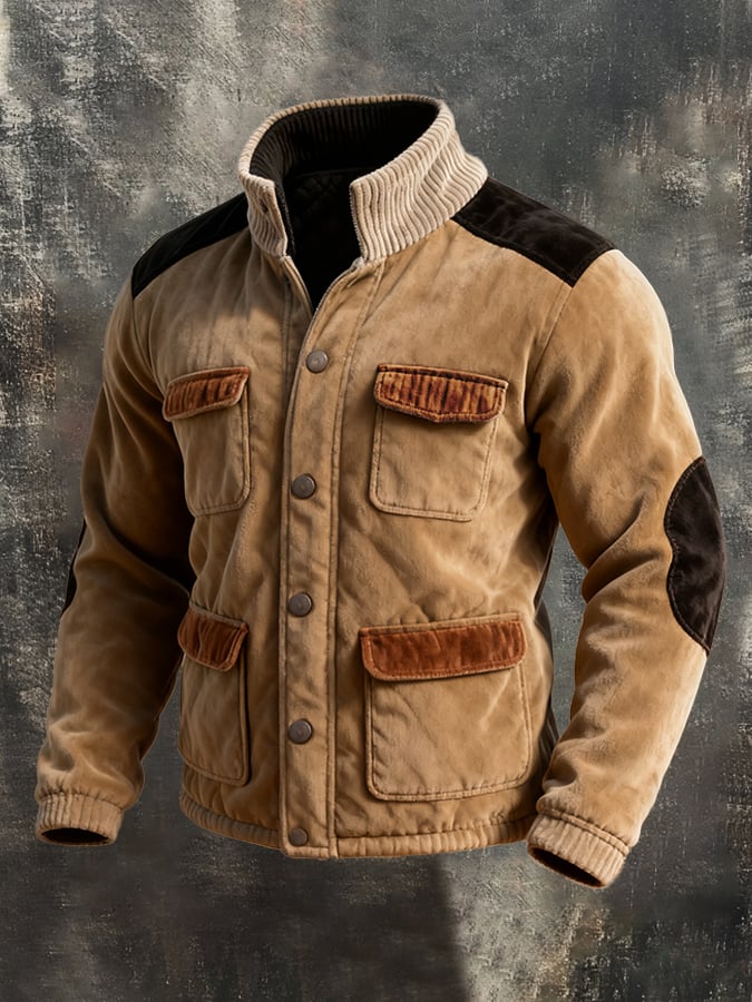 Herren Freizeitjacke mit Retro-Nähten und Kontrastfarbe und mehreren Taschen, Stehkragen