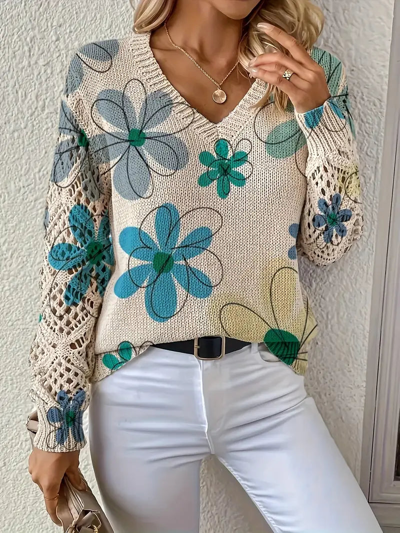 Marzena – Eleganter Langarm Pullover Mit Blumenmuster