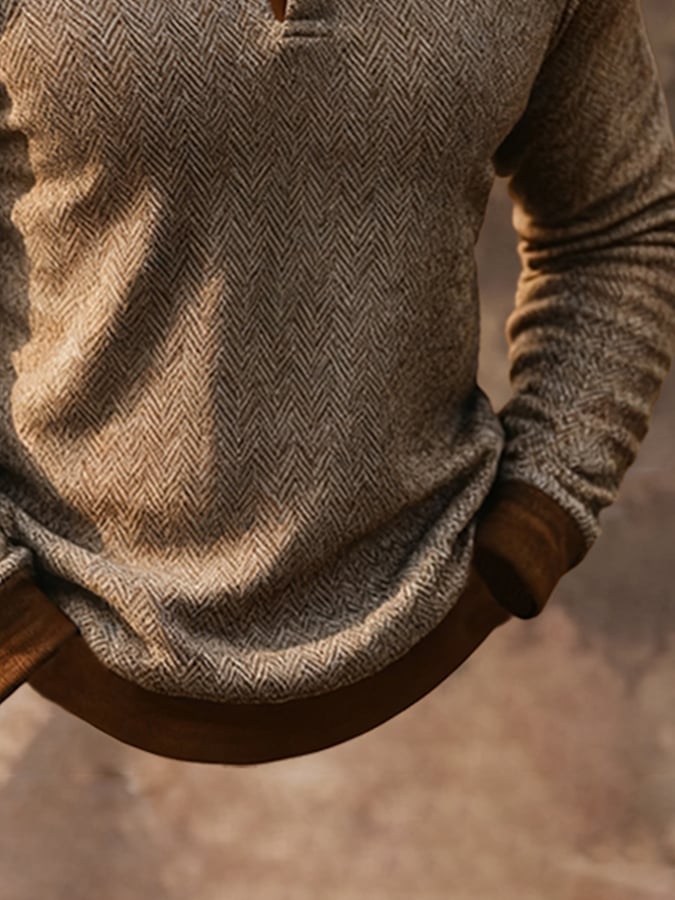 Herren-Sweatshirt mit Retro-Fischgrätenmuster und kontrastfarbenem Henley-Kragen und langen Ärmeln